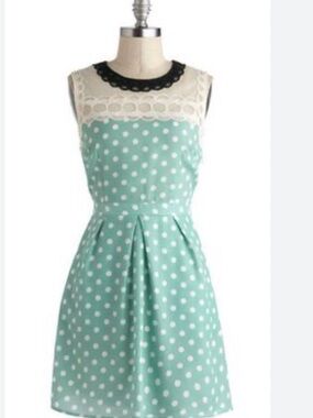 Esley Mint Polka Dot Mini Dress with Cream Lace and Black Trim